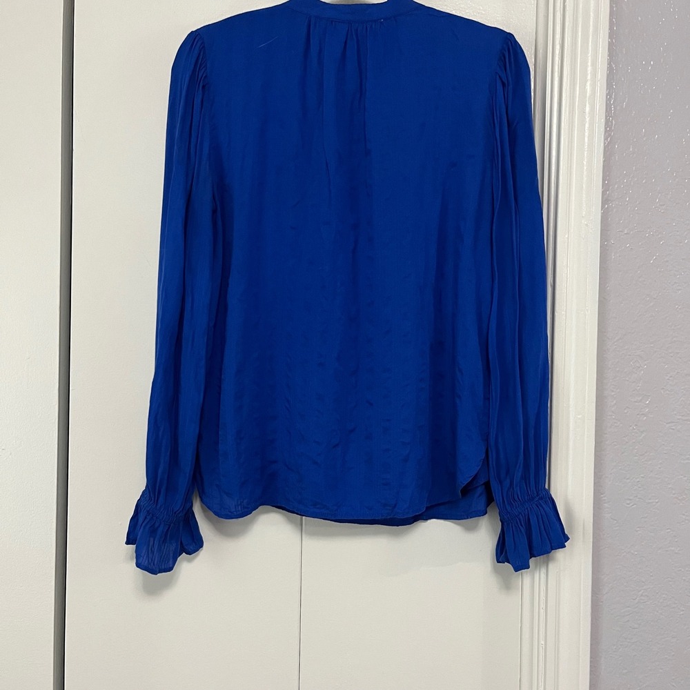 LOFT Ruffle Cuff Blouse V-Neck Long Sleeve Top Royal Blue Size‎ Small - Picture 2 of 4